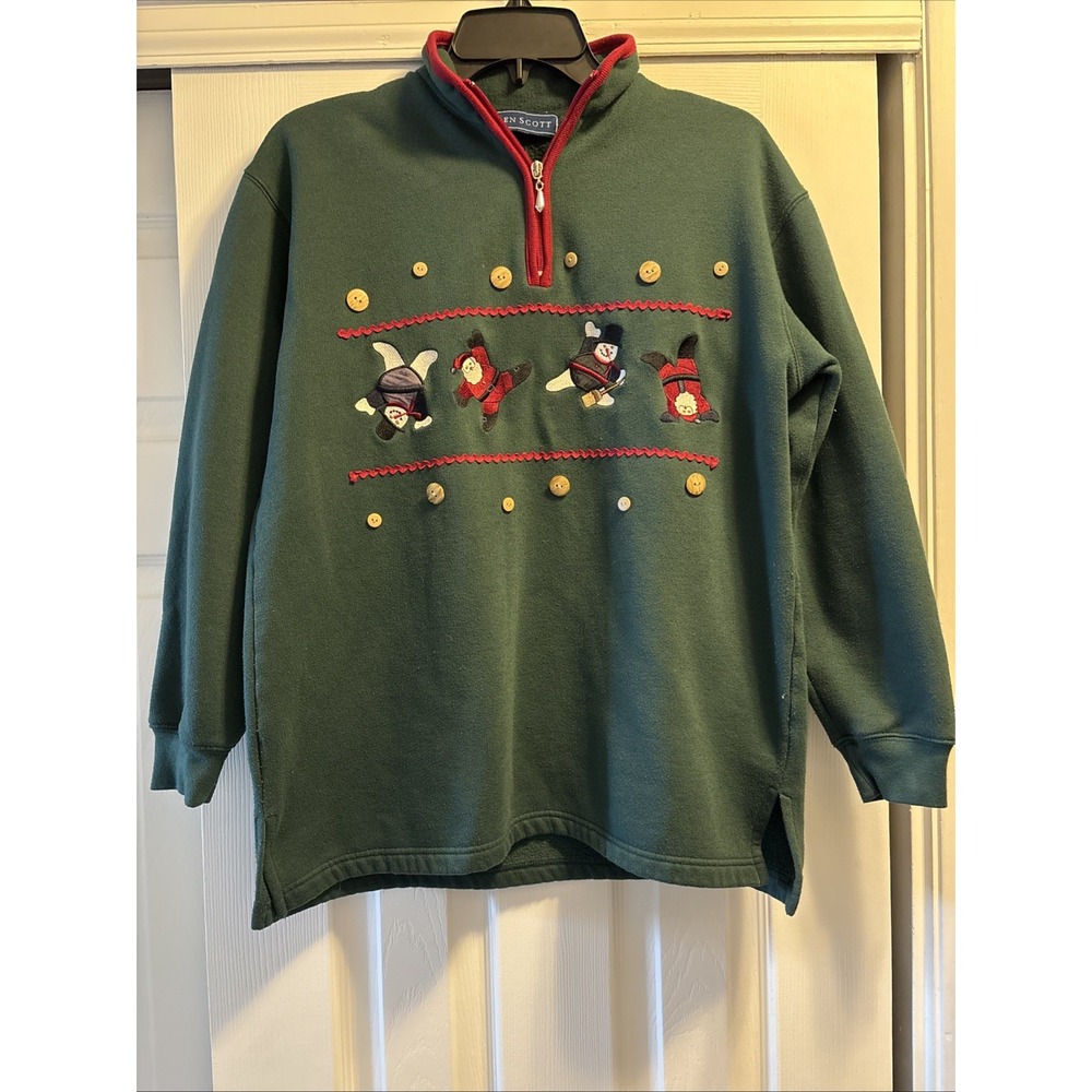 Vtg Karen Scott Ugly‎ Christmas Holiday Festive Sweatshirt Santa Snowmen Buttons